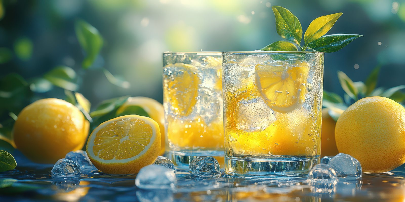 Refreshing citrus drink garnished with lemon and mint surrounded by fresh lemons in a vibrant outdoor setting